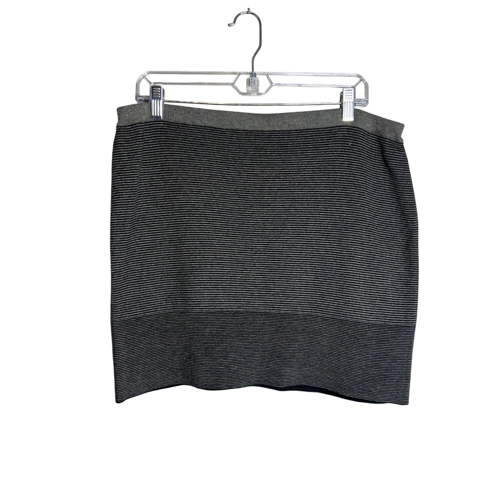 Eileen Fisher Ottoman Knit Mini Skirt Size L Cotton Cashmere Stripe Black Gray